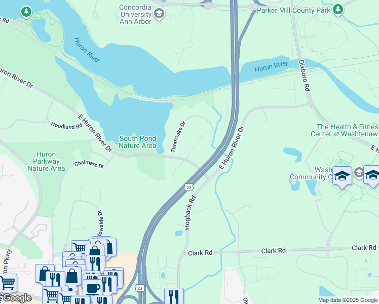 map of restaurants, bars, coffee shops, grocery stores, and more near 4063 East Huron River Drive in Ann Arbor
