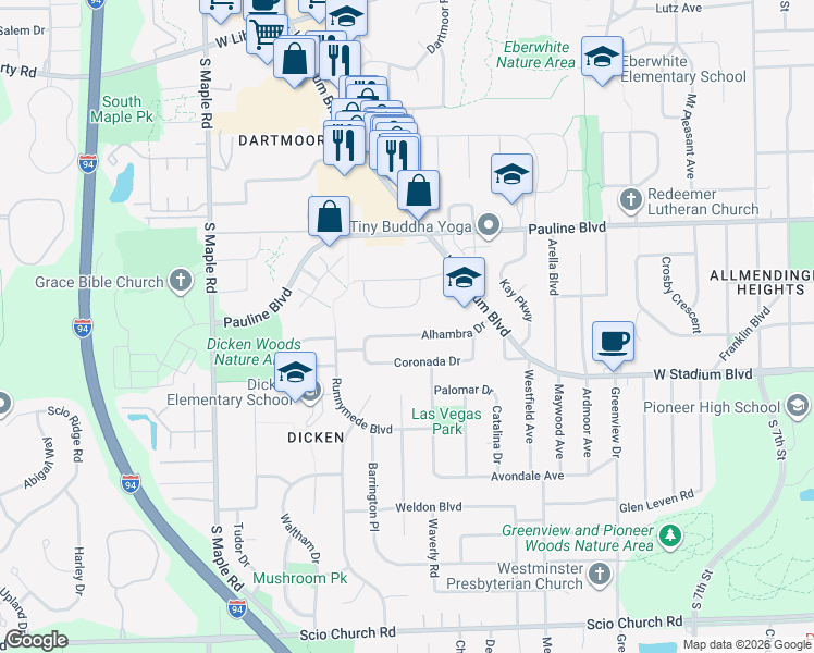 map of restaurants, bars, coffee shops, grocery stores, and more near 2025 Norfolk Street in Ann Arbor