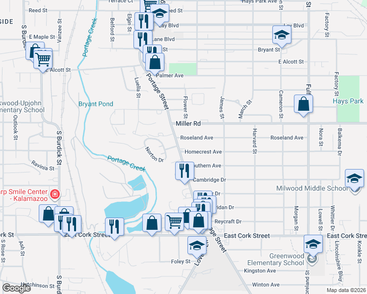 map of restaurants, bars, coffee shops, grocery stores, and more near 2509 Portage Street in Kalamazoo