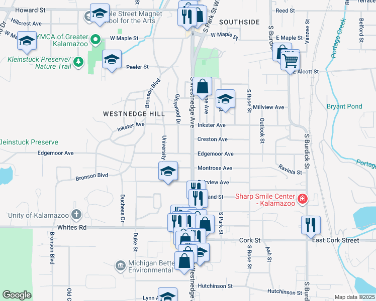 map of restaurants, bars, coffee shops, grocery stores, and more near 2508 South Westnedge Avenue in Kalamazoo