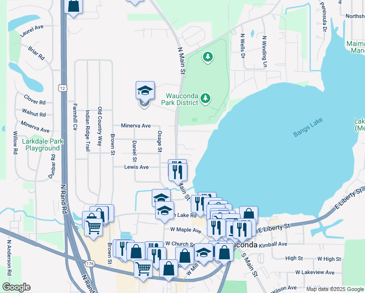 map of restaurants, bars, coffee shops, grocery stores, and more near 108 Roosevelt Avenue in Wauconda