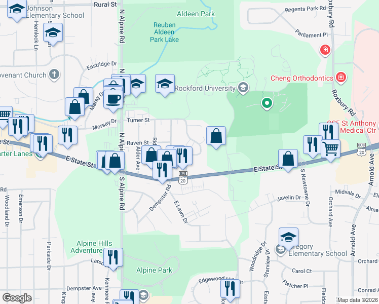 map of restaurants, bars, coffee shops, grocery stores, and more near 138 Flintridge Drive in Rockford