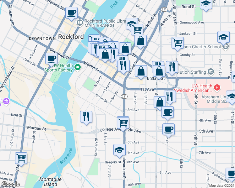 map of restaurants, bars, coffee shops, grocery stores, and more near 225 South 3rd Street in Rockford