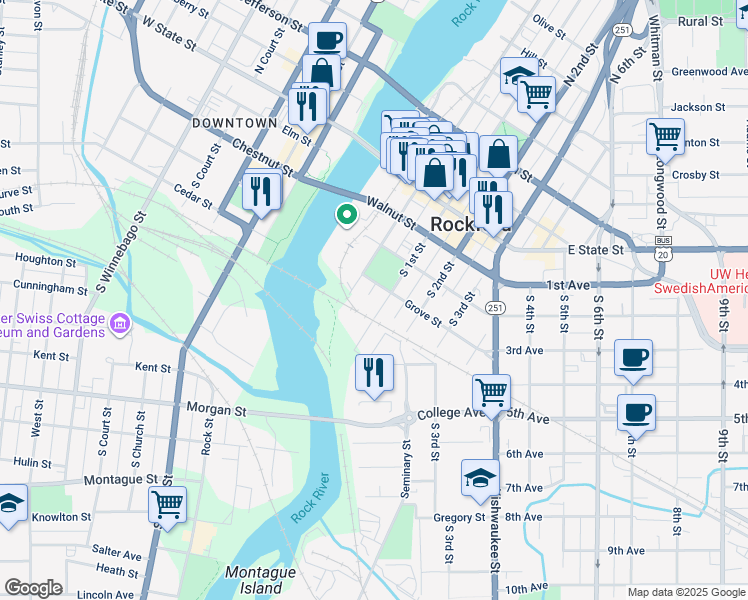 map of restaurants, bars, coffee shops, grocery stores, and more near 416 South Madison Street in Rockford