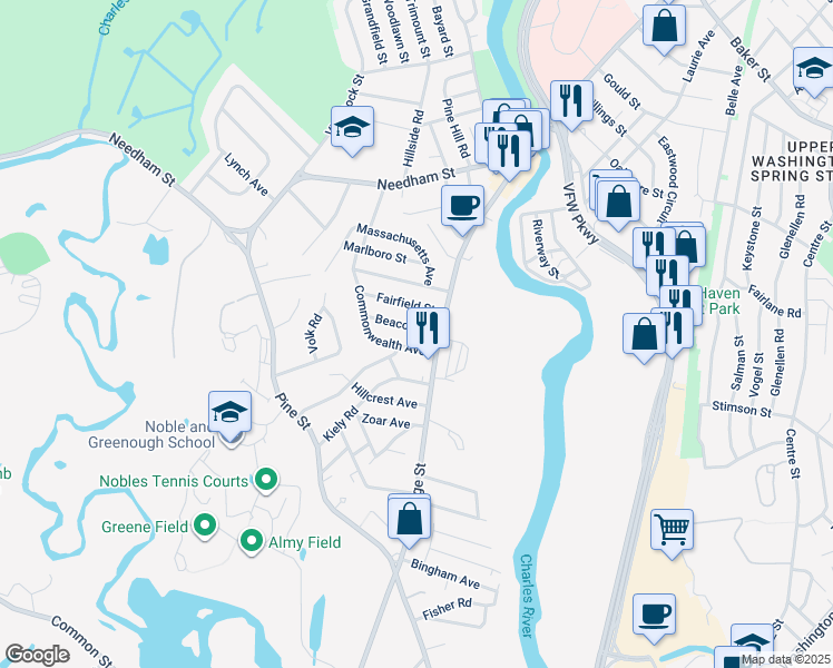map of restaurants, bars, coffee shops, grocery stores, and more near 20 Beacon Street in Dedham