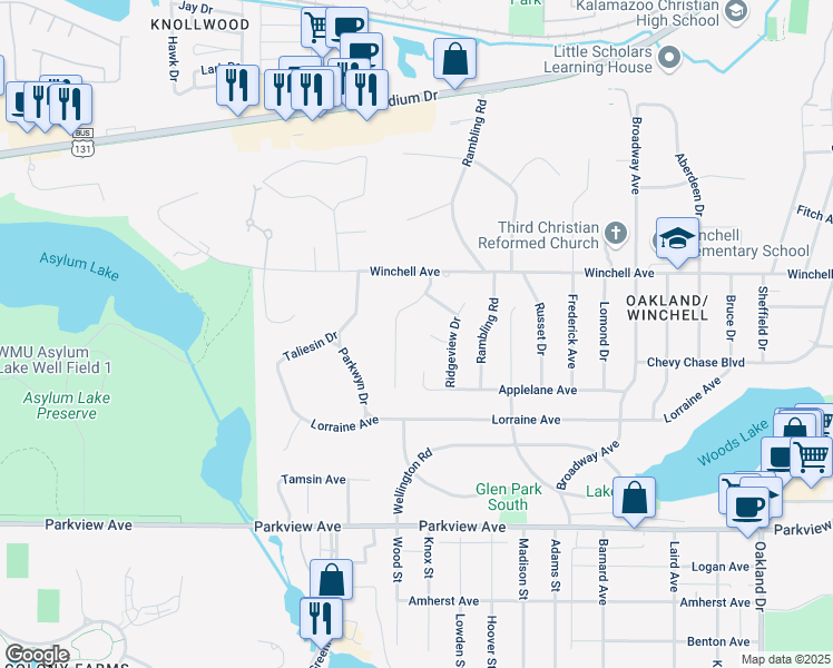 map of restaurants, bars, coffee shops, grocery stores, and more near 3013 Ridgeview Circle in Kalamazoo