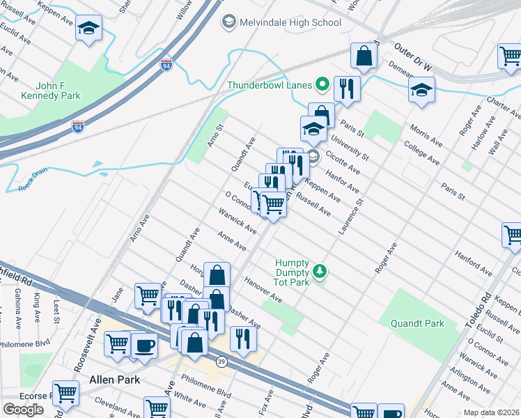 map of restaurants, bars, coffee shops, grocery stores, and more near 15546 O Connor Avenue in Allen Park