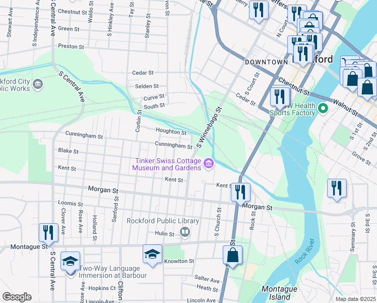 map of restaurants, bars, coffee shops, grocery stores, and more near 614 Cunningham Street in Rockford
