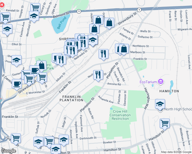 map of restaurants, bars, coffee shops, grocery stores, and more near 200 Norfolk Street in Worcester