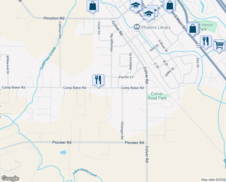 map of restaurants, bars, coffee shops, grocery stores, and more near 1597 Camp Baker Road in Medford