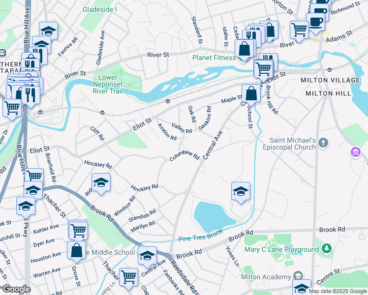 map of restaurants, bars, coffee shops, grocery stores, and more near 15 Lancaster Lane in Milton