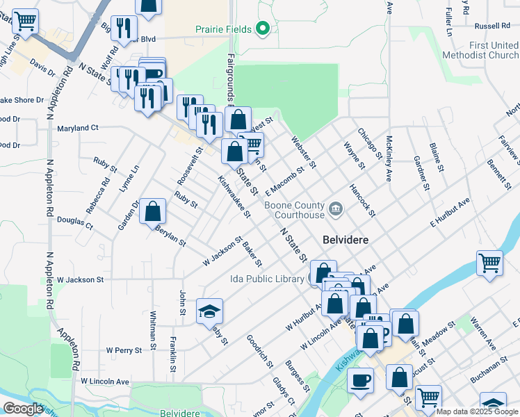 map of restaurants, bars, coffee shops, grocery stores, and more near 818 North State Street in Belvidere