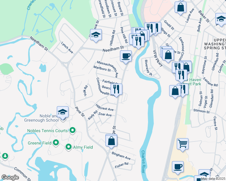 map of restaurants, bars, coffee shops, grocery stores, and more near 20 Beacon Street in Dedham
