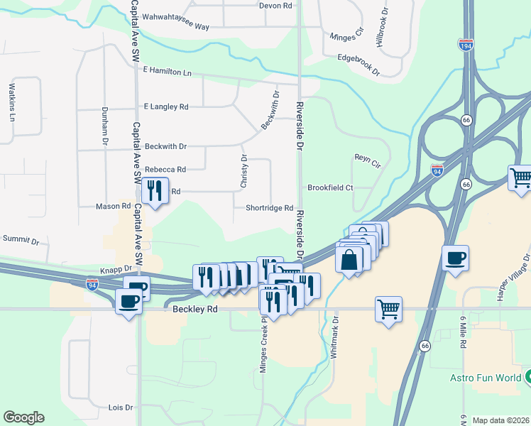 map of restaurants, bars, coffee shops, grocery stores, and more near 33 Shortridge Road in Battle Creek