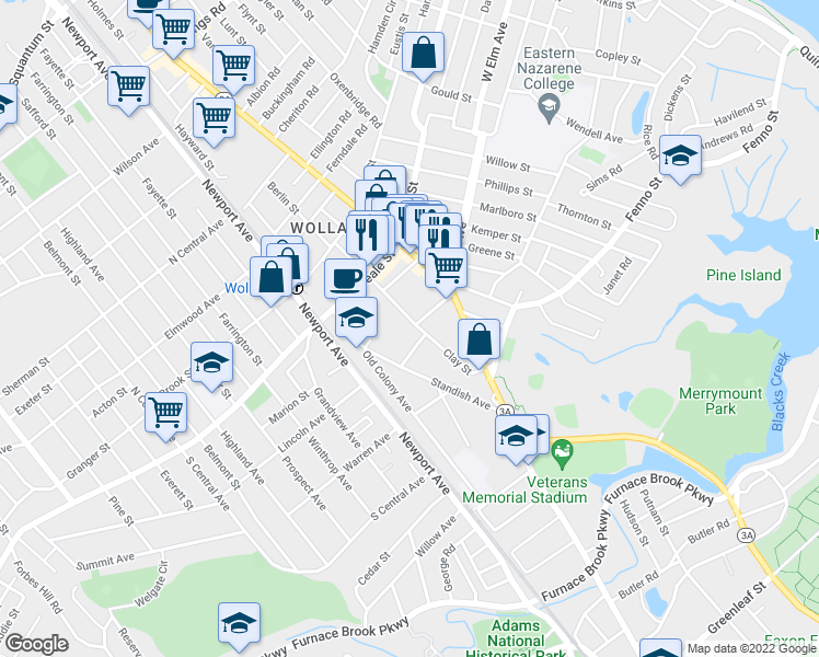 map of restaurants, bars, coffee shops, grocery stores, and more near 91 Clay Street in Quincy