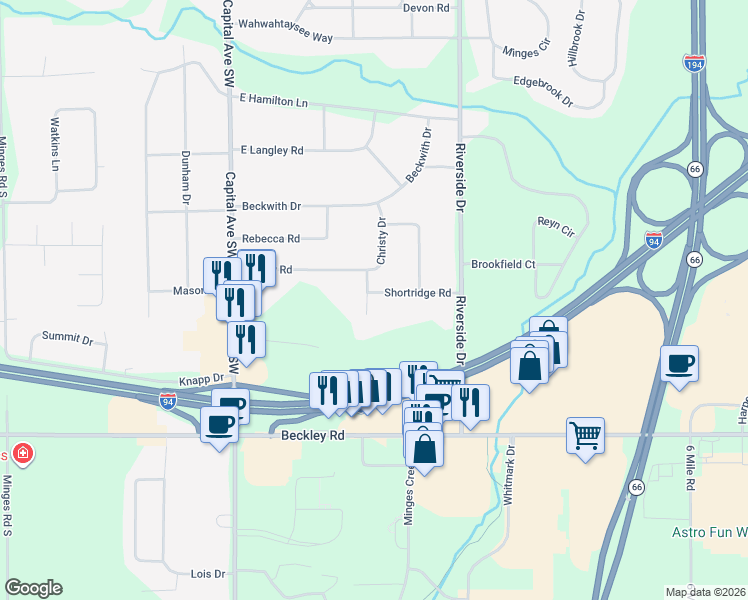 map of restaurants, bars, coffee shops, grocery stores, and more near 107 Christy Road in Battle Creek