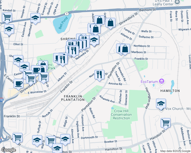 map of restaurants, bars, coffee shops, grocery stores, and more near 200 Norfolk Street in Worcester