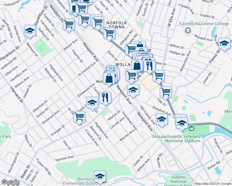 map of restaurants, bars, coffee shops, grocery stores, and more near 105 Beale Street in Quincy