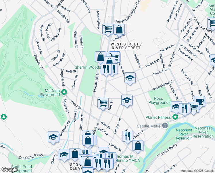 map of restaurants, bars, coffee shops, grocery stores, and more near 1002 Hyde Park Avenue in Boston