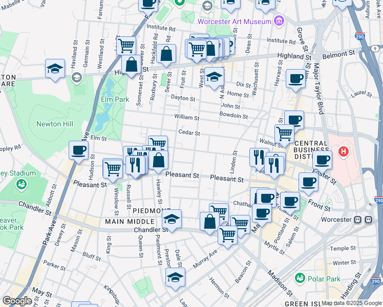 map of restaurants, bars, coffee shops, grocery stores, and more near 70 Elm Street in Worcester