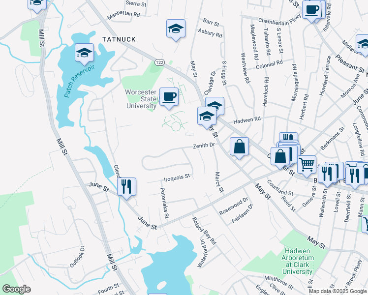 map of restaurants, bars, coffee shops, grocery stores, and more near 26 Zenith Drive in Worcester