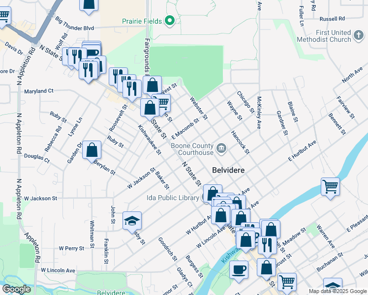 map of restaurants, bars, coffee shops, grocery stores, and more near 115 East Jackson Street in Belvidere
