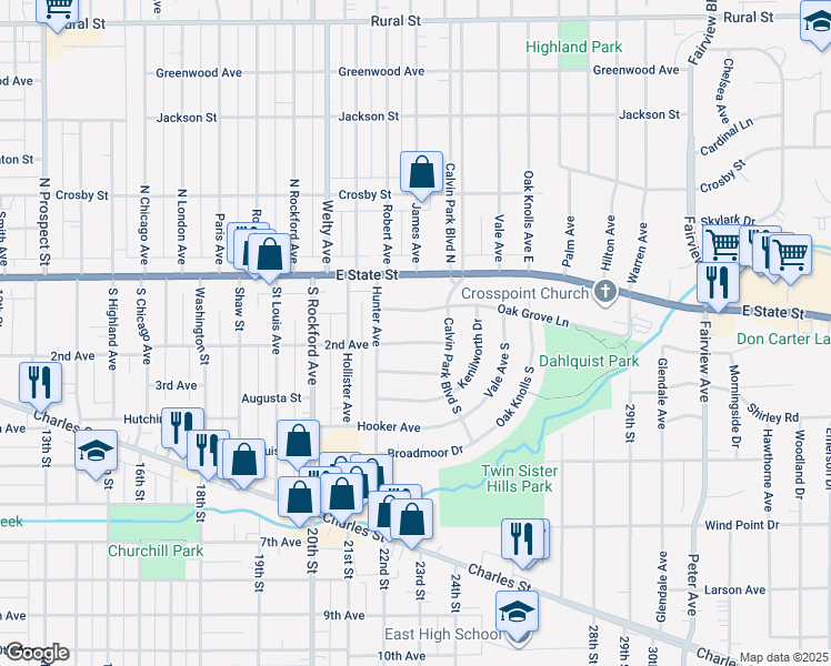 map of restaurants, bars, coffee shops, grocery stores, and more near 2704 2nd Avenue in Rockford