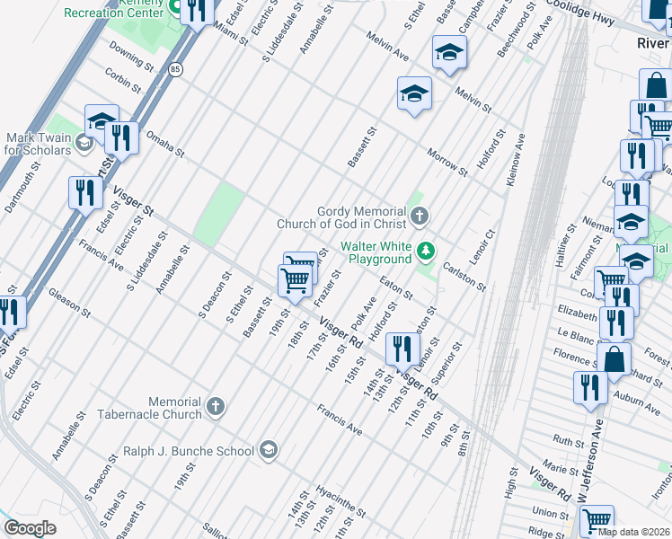 map of restaurants, bars, coffee shops, grocery stores, and more near 524 Frazier Street in River Rouge