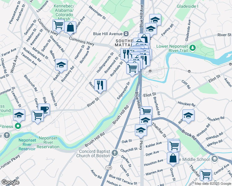 map of restaurants, bars, coffee shops, grocery stores, and more near 21 Topalian Street in Boston