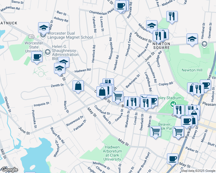 map of restaurants, bars, coffee shops, grocery stores, and more near 10 Fiske Street in Worcester