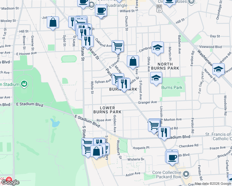 map of restaurants, bars, coffee shops, grocery stores, and more near 933 Woodlawn Avenue in Ann Arbor
