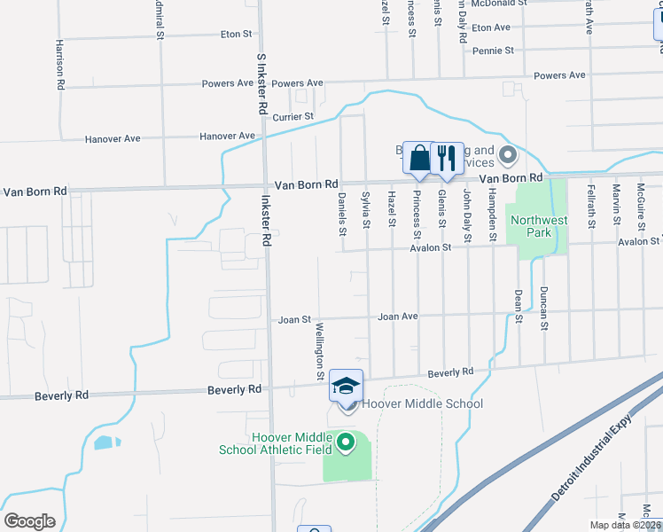 map of restaurants, bars, coffee shops, grocery stores, and more near 6047 Wellington Street in Taylor