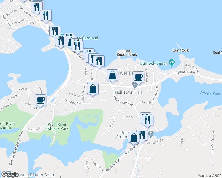 map of restaurants, bars, coffee shops, grocery stores, and more near 101 Nantasket Avenue in Hull