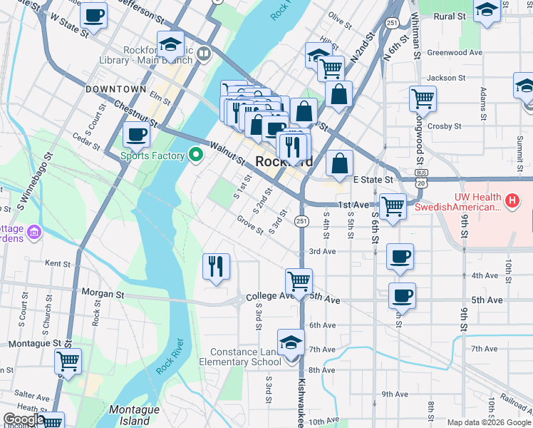 map of restaurants, bars, coffee shops, grocery stores, and more near 310 South 2nd Street in Rockford