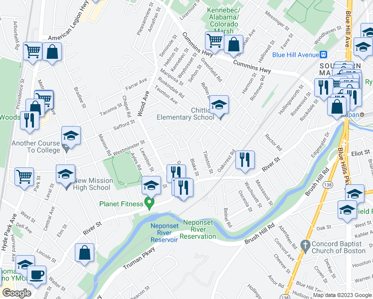 map of restaurants, bars, coffee shops, grocery stores, and more near 40 Blake Street in Boston