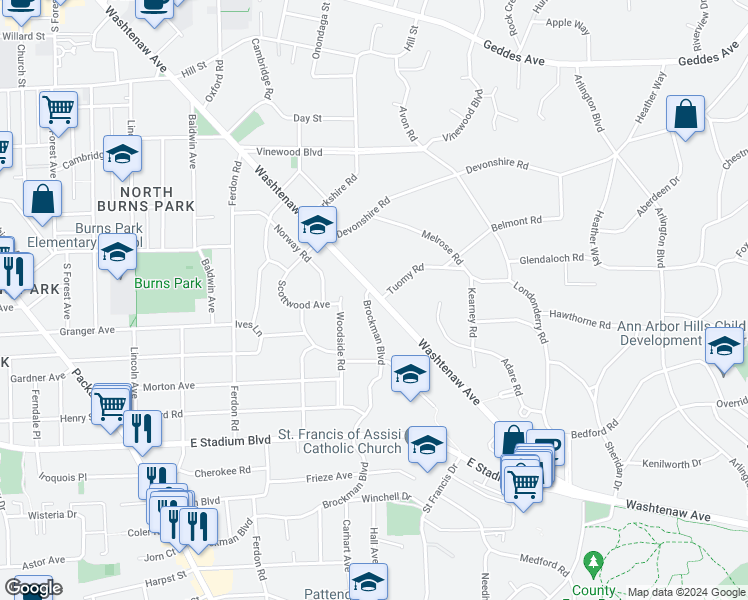 map of restaurants, bars, coffee shops, grocery stores, and more near 2105 Brockman Boulevard in Ann Arbor
