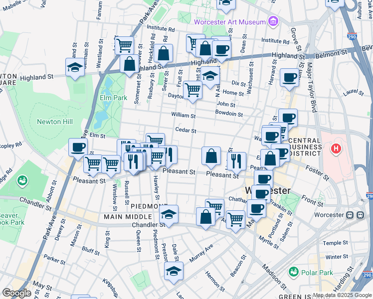 map of restaurants, bars, coffee shops, grocery stores, and more near 70 Elm Street in Worcester