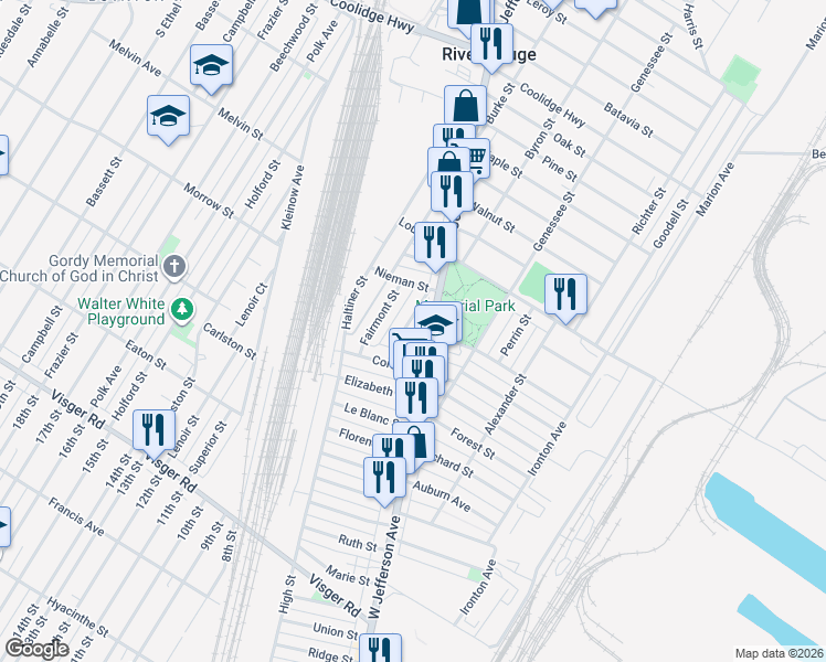 map of restaurants, bars, coffee shops, grocery stores, and more near 211 Summit Street in River Rouge