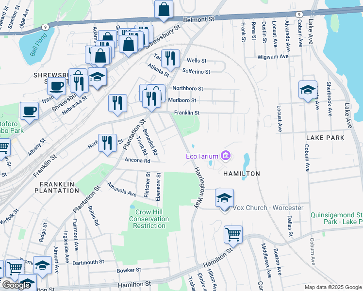 map of restaurants, bars, coffee shops, grocery stores, and more near 269 Harrington Way in Worcester