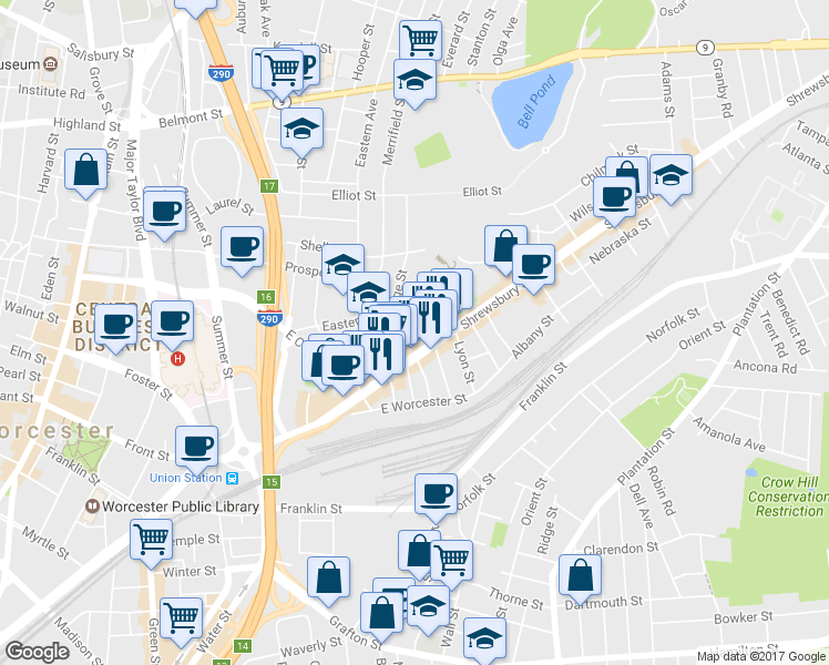 map of restaurants, bars, coffee shops, grocery stores, and more near 29 Shamrock Street in Worcester