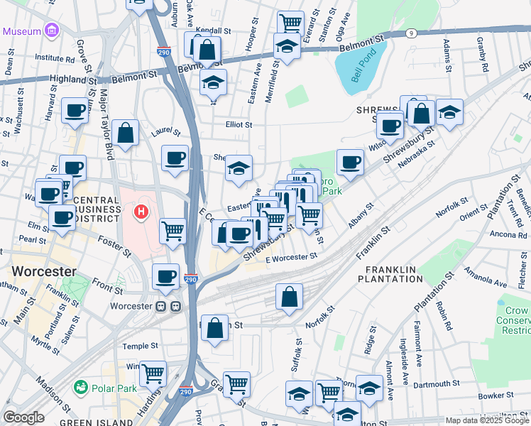 map of restaurants, bars, coffee shops, grocery stores, and more near 29 Shamrock Street in Worcester