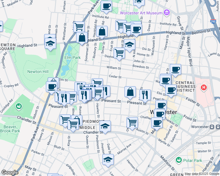 map of restaurants, bars, coffee shops, grocery stores, and more near 82 Elm Street in Worcester