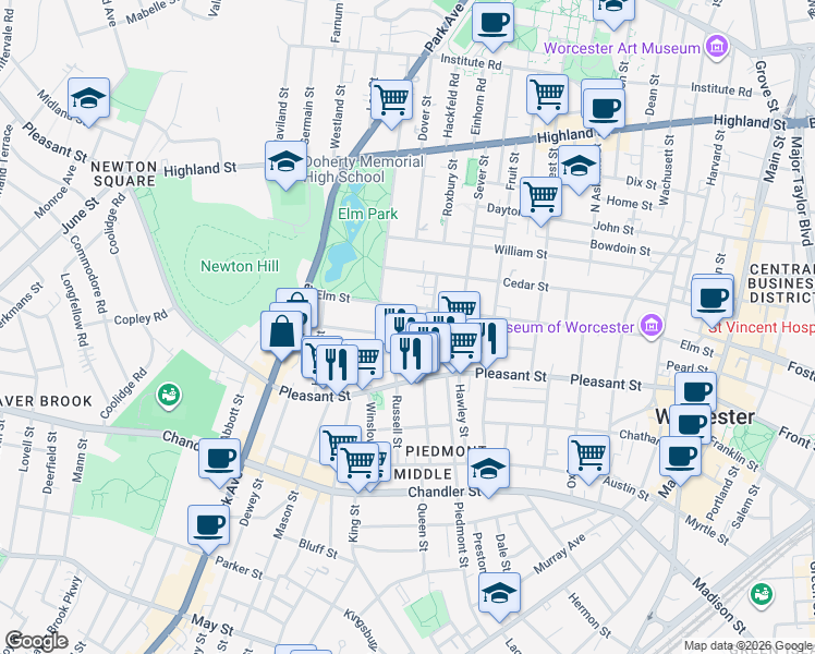 map of restaurants, bars, coffee shops, grocery stores, and more near 4 Pelham Street in Worcester