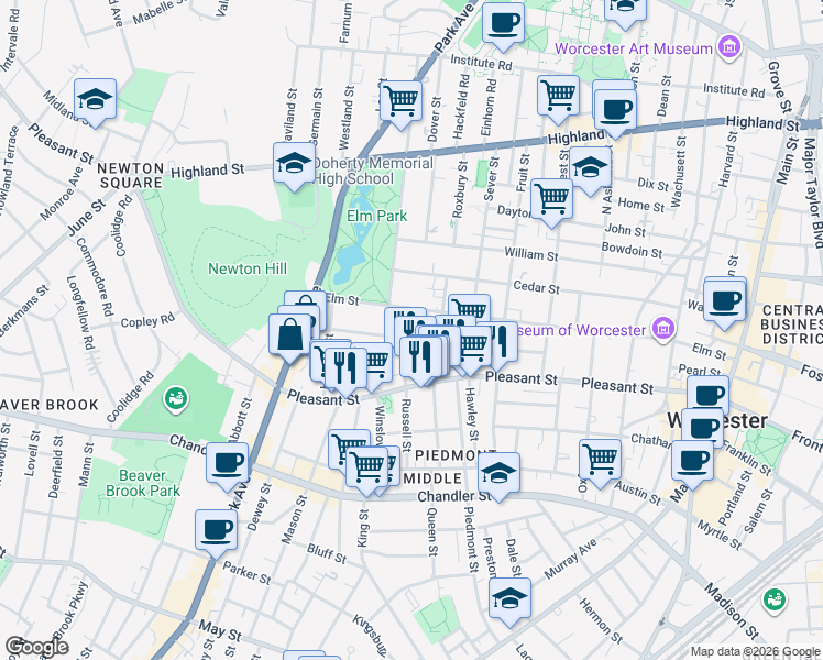 map of restaurants, bars, coffee shops, grocery stores, and more near 4 Pelham Street in Worcester
