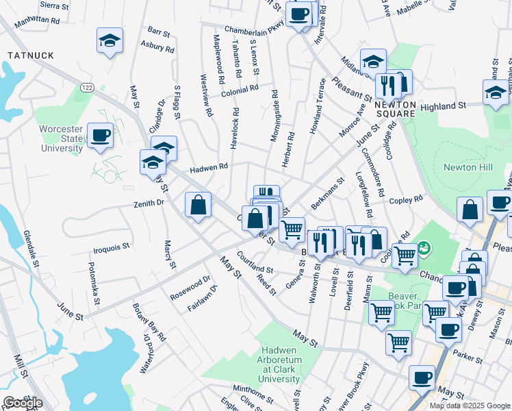 map of restaurants, bars, coffee shops, grocery stores, and more near 10 Fiske Street in Worcester