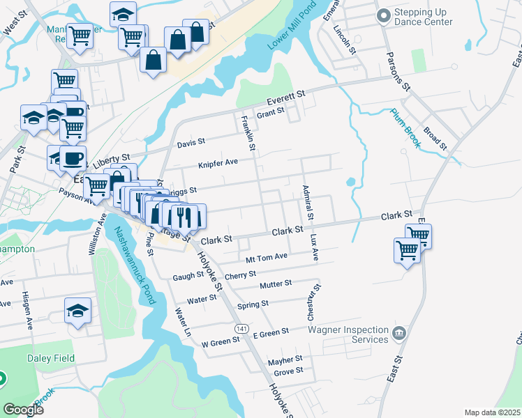 map of restaurants, bars, coffee shops, grocery stores, and more near 78 Maple Street in Easthampton