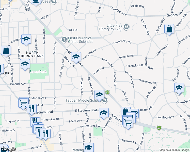 map of restaurants, bars, coffee shops, grocery stores, and more near 2117 Washtenaw Avenue in Ann Arbor