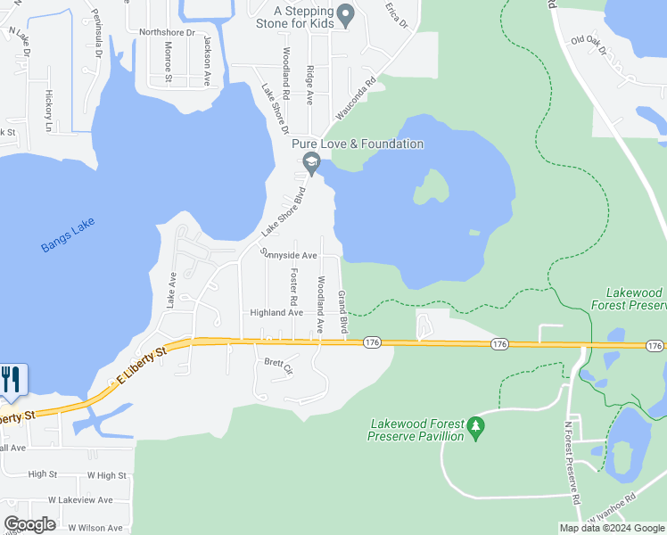 map of restaurants, bars, coffee shops, grocery stores, and more near 426 Woodland Avenue in Wauconda