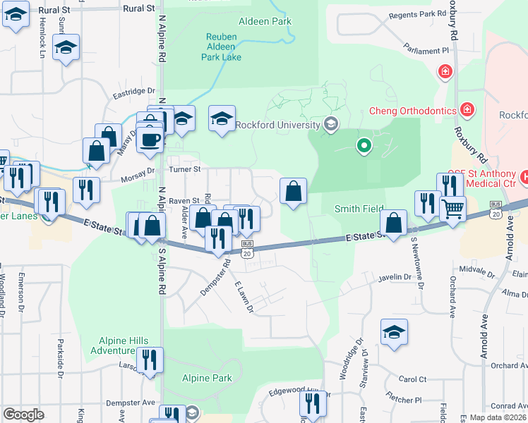 map of restaurants, bars, coffee shops, grocery stores, and more near 138 Flintridge Drive in Rockford