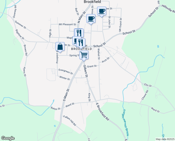 map of restaurants, bars, coffee shops, grocery stores, and more near 19 Gilbert Street in North Brookfield